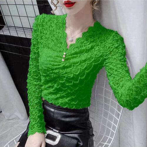 V-neck Lace Womens Long-Sleeved 2021 Spring Skinny Hollow-out Mesh Top Blouse Women Blusas Ropa De Mujer