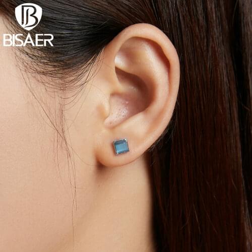 BISAER Simple Statement Earrings 3 Colors 925 Sterling Silver Stud Earrings For Women Crystal Small Earing Jewelry ECE1269