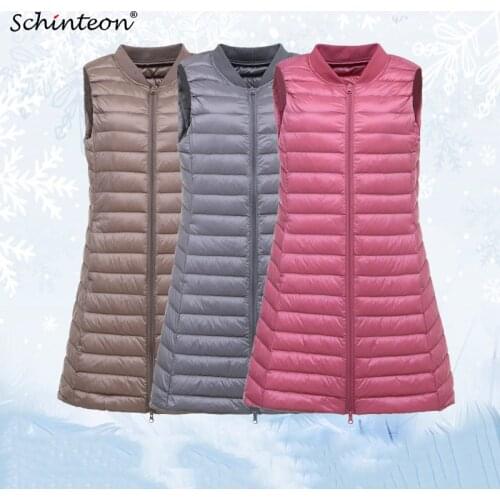 Schinteon Women Ultra Light Down Vest Casual Baseball Long Slim Waistcoat Autumn Winter Bottoming Gilet New Arrival
