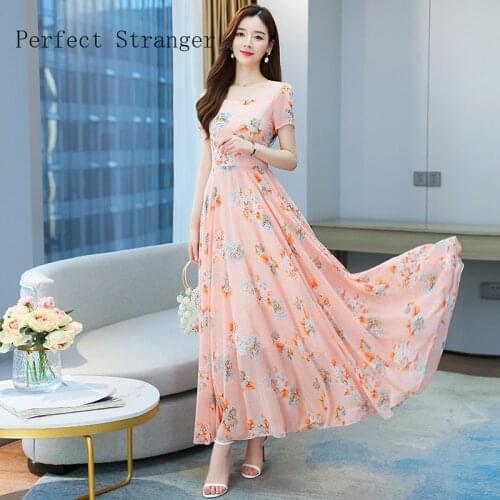 High Quality 2021 Summer Dress For Women Square Collar Floral Printed Short Sleeve Women Chiffon Long Dress