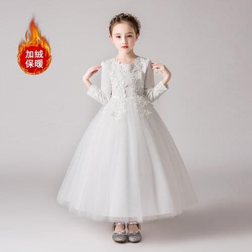 Winter White Fleece Long Sleeve Girls Lace Dress Elegant Princess Gown Kids Wedding First Communion Pageant New Year Dress