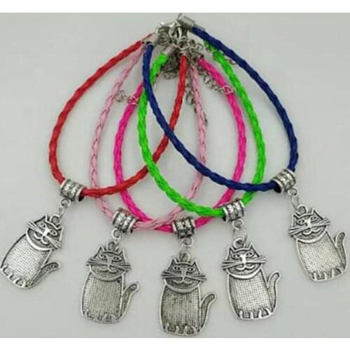 New Cute Cat Charm Bracelets & Bangle Multicolor Leather Braided Rope Bracelet Women Jewelry 10pcs