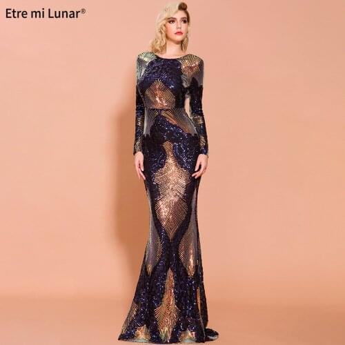 2020 Women Sexy Blue O-Neck Long Sleeve Backless Sequin Dresses Female Maxi Elegant Multi Dress Real Photo L200403