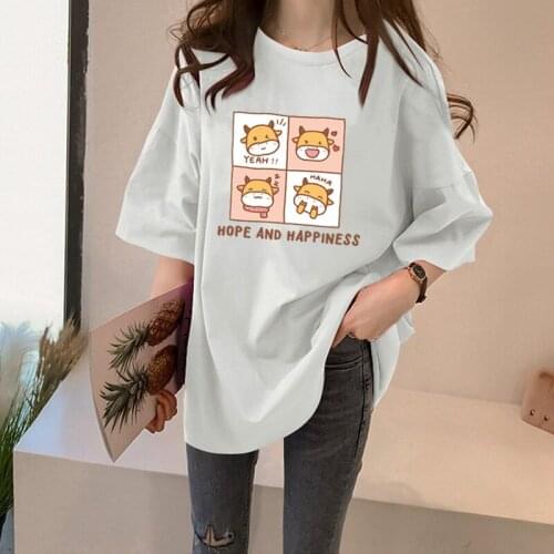 2021 Red Cartoon Graphic Plus Size Tshirt Middle Length Loose Summer Ladies Tops Women Large Short Sleeve Oversize Tees Clothes