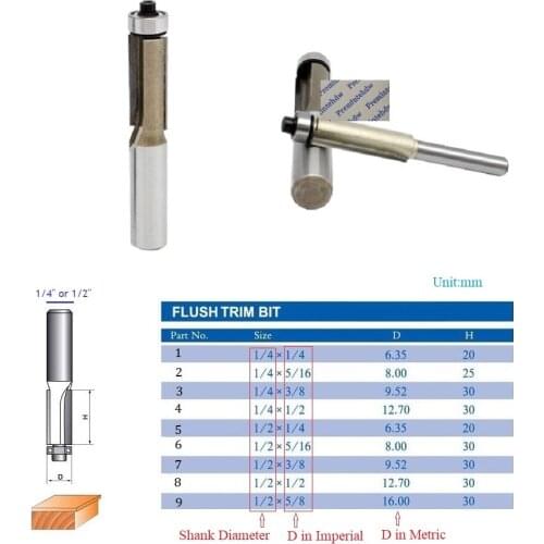 5Pcs/Lot 1/4" 1/2" Shaft Dual Blade Flush Trim Bit Router Bit Bottom Bearing Woodworking