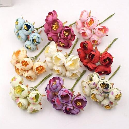 6 Pieces/Bouquet Tea Rose Bud Artificial Flower Wedding Christmas Decoration Home Diy Craft Wreath Scrapbook