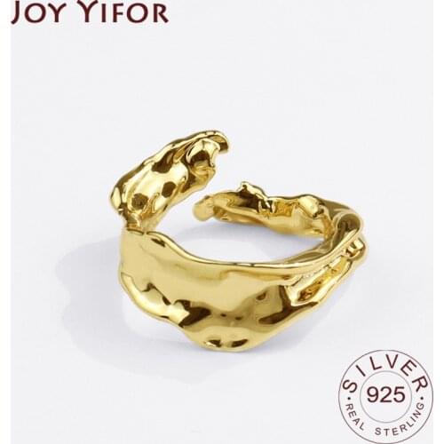 925 Sterling Silver New Simple Design Wave Gold Color Rings Retro Distressed Opening Handmade Ring Fashion Fine Jewelry
