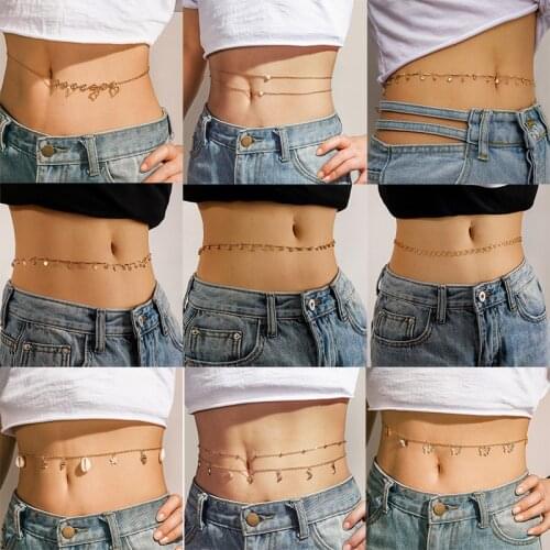 Docona Bohemia Pearl Shell Heart Belly Chains for Women Butterfly Star Crescent Tassel Handmade Body Jewelry Girls Accessories