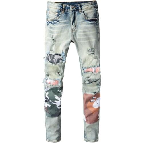 European American Street Fashion Men Jeans Retro Blue Elastic Slim Ripped Jeans Men Patches Designer Hip Hop Denim Punk Pants