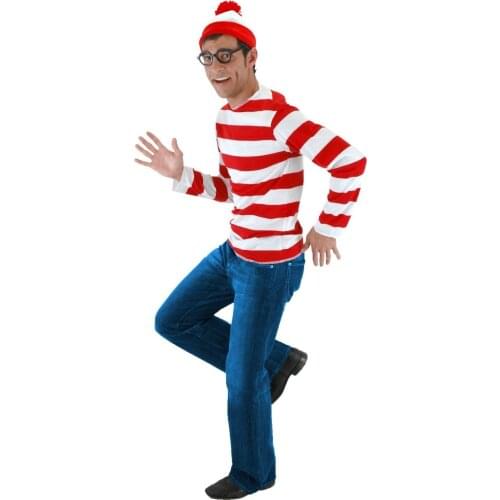 Wheres Waldo Now Red&&White Stripes Cosplay Costume Adult Men T Shirt Sweater+Hat+Glasses For Christmas Halloween Party Suit