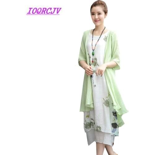 Spring Summer Womens New Cotton and linen Shawl sets Cardigan Loose large Long section Five sleeves Printing Dress 3XL B120