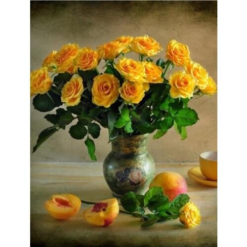 Full Diamond Oil Painting Set Yellow Rose Vase Mosaic Embroidery Picture Crystal Rhinestone Stickers Decal Wall Art Craft Gift