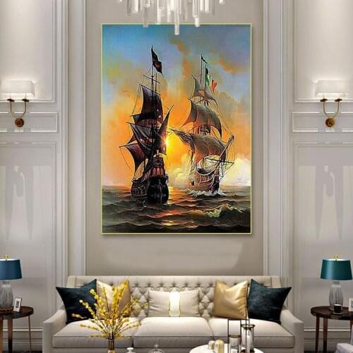 Classical European Sailboat Posters And Prints Vintage Art Manor Canvas Painting Printed Wall Art Pictures Home Decoration Mural