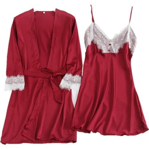 Summer female nightgown sexy pajamas sling nightdress two-piece silk home service thin section