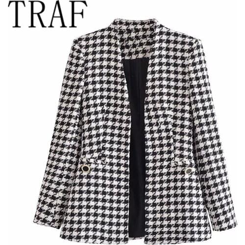 TRAF fashion small fragrance thousand bird lattice texture suit coat womens early autumn new 08557120070