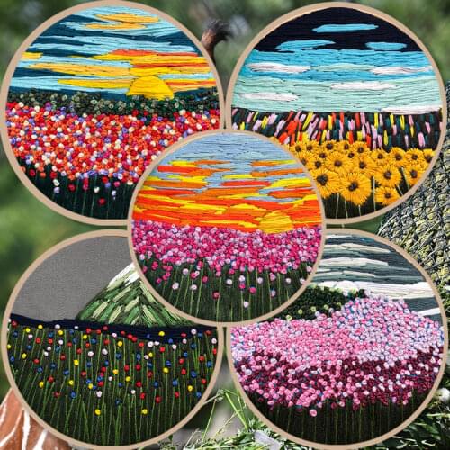 3d DIY Embroidery Kit for Beginner Natural Scenery Print Fabric Round Cross Stitch Sewing Craft Set Home Decor Needlework Tools