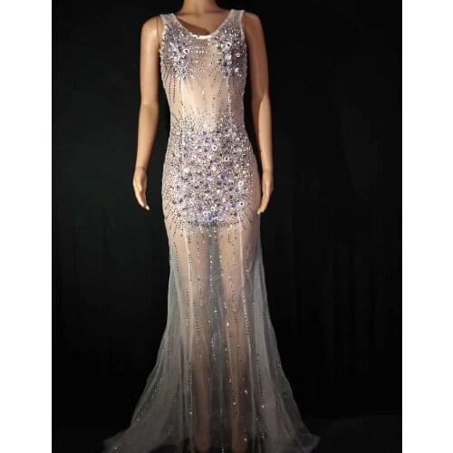 New Sexy Mesh See-through Trailing Dress Shining Rhinestones Perspective Long Dress Prom Party Catwalk Celebration Stage Costume