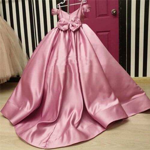 Princess Lovely Stain Pink Flower Girl Dress for Wedding with Bows Kids Pageant Wears Unicorn Baby Birthday Clothes Customize