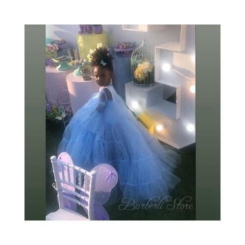 Cute Elegant Sky Blue Flower Girl Dresses Long Sleeves Tiered Girls Kids Evening Ball Gowns Communion Dresses Custom Made