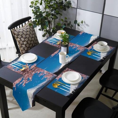 Mount Fuji Japanese Cherry Blossom Table Runner and Placemat Set Table Flag Table Mats for Modern Home Party Wedding Decoration