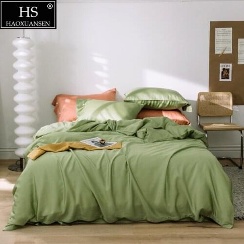 Light Green 4Piece Bedding Sets Tencel Lyocell Soft Breathable Pillowcase Duvet Cover Fitted Sheet Bed Sheet Queen King Size