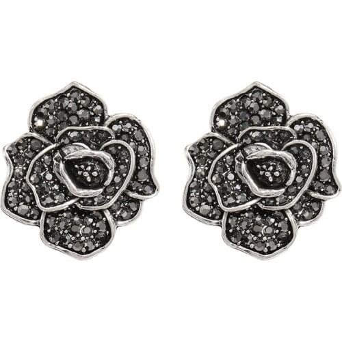 Vintage Antiqued Silver Color Exaggerated Black Crystal Flower Chunky Stud Earrings for Women Fashion Boho Jewelry