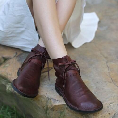 Artmu New Genuine Leather Ankle Boots Autumn and Winter Handmade Womens Boots Retro Soft Sole Anti Slip Comfortable Flat Boots