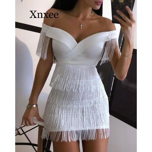White Fringe Celebrity Evening Runway Party Dress Women Sexy Tassels Short Sleeve Club Dress Vestidos off shoulder sexy white