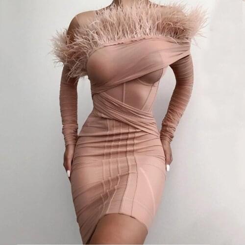 2021 Spring Elegant Feather Bandage Womens Dress Sexy Strapless Long Sleeve Bodycon Club Celebrity Evening Party Vestidos