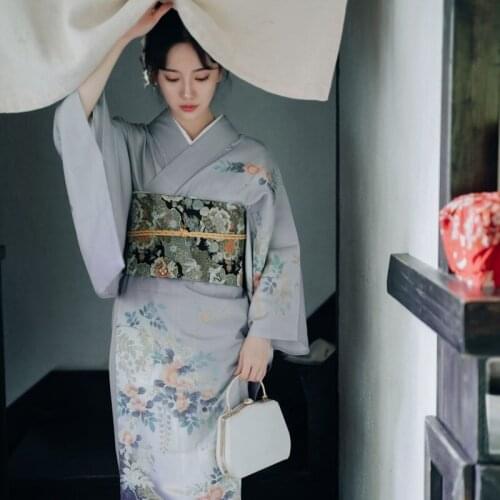 2020 New Women Japanese Style Fashion Yukata Long Kimono Obi Cosplay Green Japan Traditional Clothing Haori Dress 11505