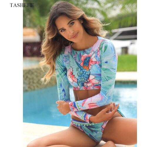 2021 Two-Piece Bikini Female Flower Print Long Sleeve Swimwear Women Bathing Suit Beachwear Brazilian Swimsuit Swimming Suit