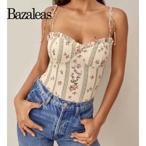 Bazaleas Adjust Spaghetti Straps Women Camis Fashion Tank Top Vintage Floral Heath Green Stripe Patchwork Print Slim Women Top
