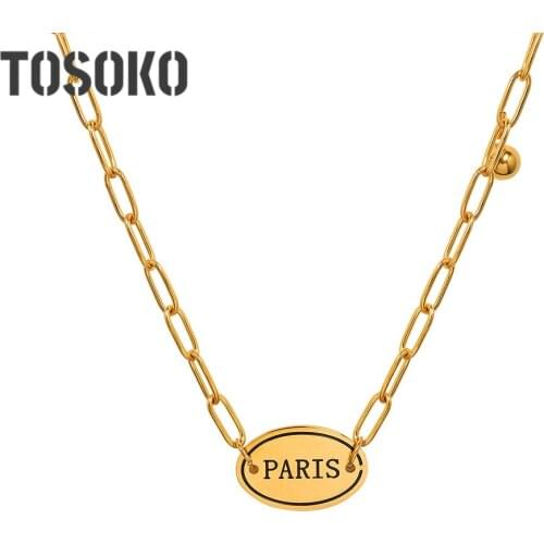 TOSOKO Stainless Steel Jewelry Exaggerated Chain Round Bead Pendant Letter Card Piece Versatile Necklace BSP1064