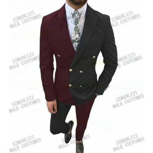 Double Breasted Blazer Black And Burgundy Peaked Lapel Men Suits For Wedding Prom Slim Fit Groom Dress Costume Homme Marriage