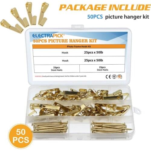 Electrapick 50pcs Photo Frame Hook Stretcher Picture Hook Hanger Durable Picture Hook With Accessories Wire Rope Screws Nails