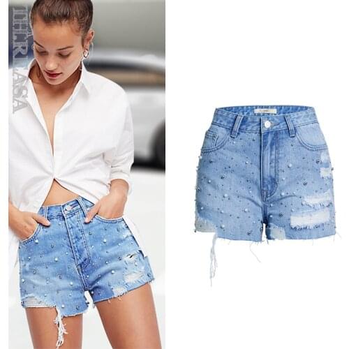 Hot Sale Womens High-waisted Jeans Pearl Bead Womens Summer Hot Diamond Denim Shorts Women Short