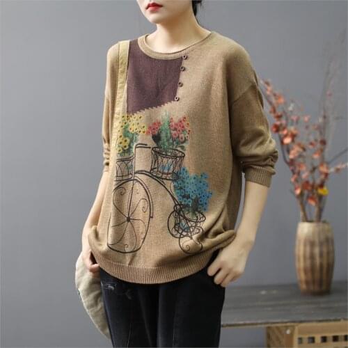 Art Bicycle Flower Pullover Women Printed Knitwear Long Sleeve Autumn Winter Casual O-Neck Ladies Sweater Cartoon Art Pull Femme