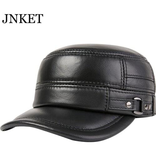 JNKET New Autumn Winter Men Cowhide Flat Cap Earflap Cap Fashion Army Cap Outdoor Sports Sunhat Adjustable Hat Casquette