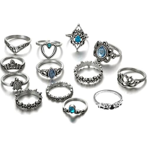 13 pcs/Set Knuckle Ring Floral Stone Boho Vintage Jewelry Fashion Ethnic Crown