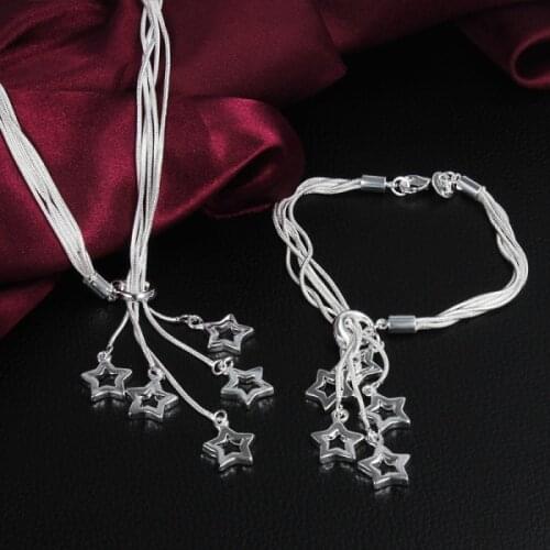 Hot classic 925 sterling Silver fine star necklace bracelet for women Jewelry set elegant Party wedding lady Christmas gifts