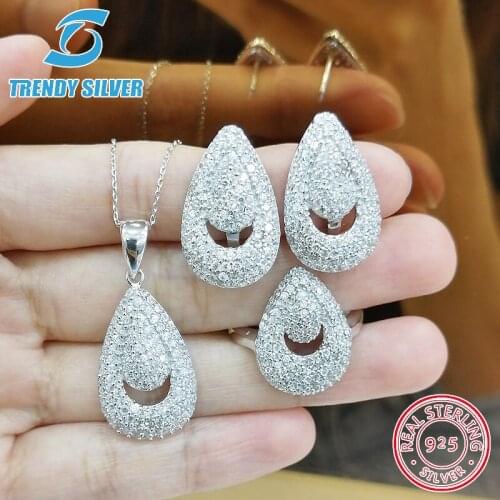 Complete pure 925 sterling silver zirconia clear CZ luxury jewelry set ring earrings for woman pendant necklace trendy design