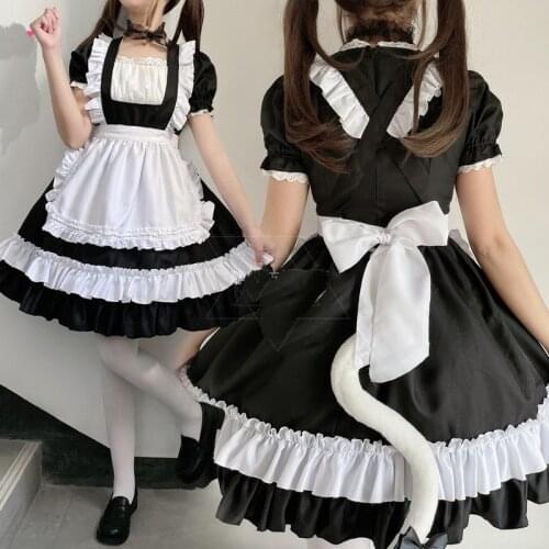Women Maid Cosplay Costumes French Outfit Girls Cute Cat Maid Dress Short Sleeve Waitress Party Stage Dresses Costumes With Tail