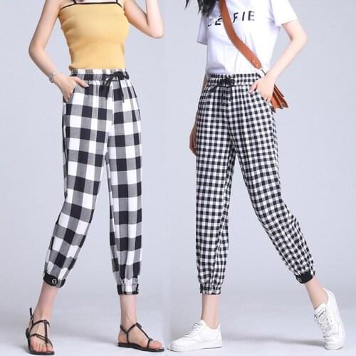 LIBERJOG 2019 Lattice Sports Women Pants Summer Nine Part Haren Casual Pants Woman Female Thin Loose Pants