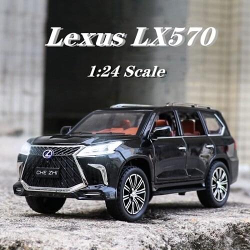 Diecast Toy Model 1:24 Scale Lexus LX570 SUV Car Pull Back Sound & Light Doors Openable Collection Gift For Children