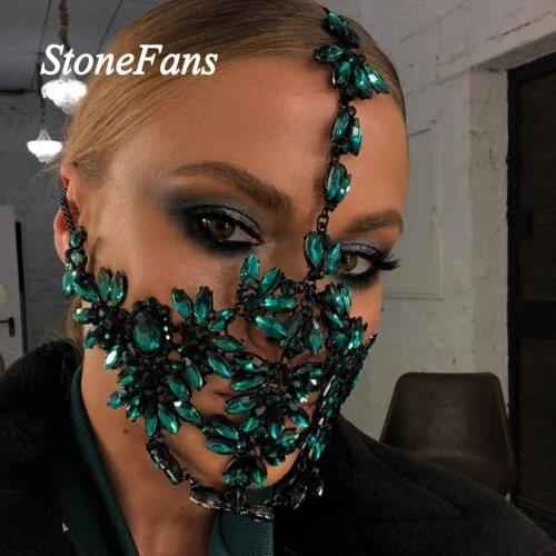 Stonefans 2021 Statement Halloween Green Crystal Mask for Face Women Luxury Flower Cosplay Mask Decoration Prom Party Jewelry