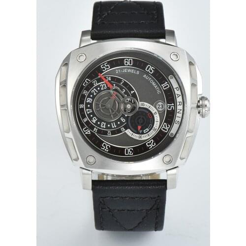 Parnis 44mm 10ATM New Fashion MIYOTA 8219 Automatic Men Watch Sapphire Crystal 24 Hours Stainless Steel Case Leather Strap