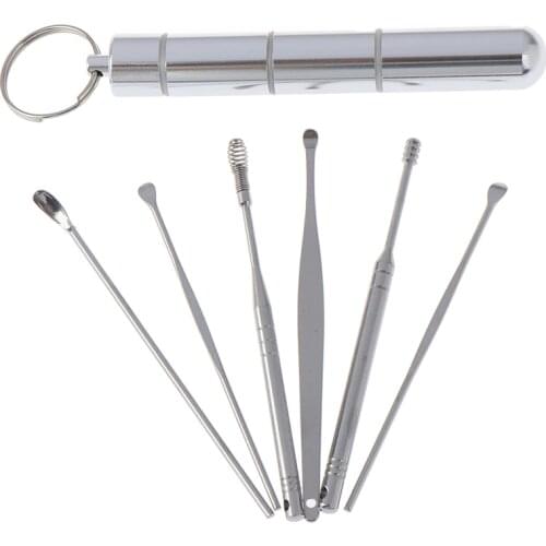 6 Pcs/Lot Ear Pick Set Stainless Steel Earpick Ear Wax Curette Remover Ear Cleaner Spoon Spiral Ear Clean Tool With Case