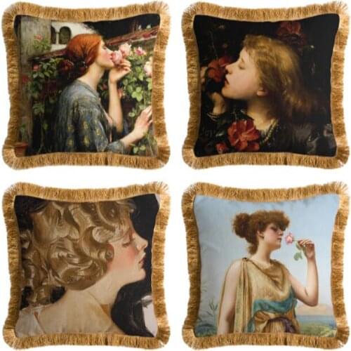 American Retro Cushion Cover Decorative Pillow Case Artistic Antique Portrait Luxury Velvet Tassel Sofa Chair Bedding Coussin