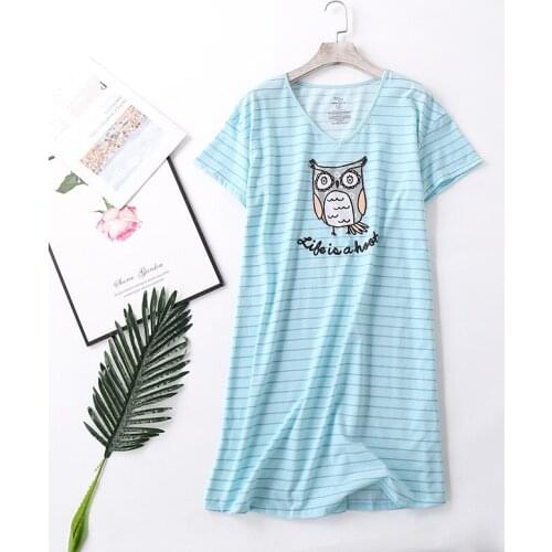 Nightdress cotton plus size short-sleeved ladies home service night dress striped cartoon loose night gown simple nuisette