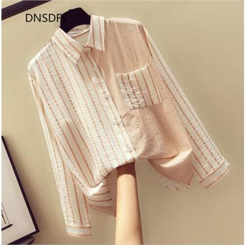 Striped Shirt Simple Pocket Button Up Shirts Classic Women Tops Irregular Turn Down Collar Blouse Casual Spring Korean Loose Top
